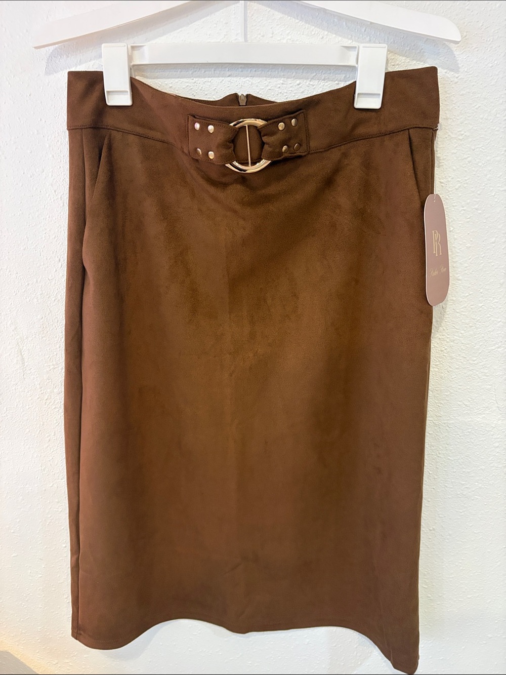 Parker Chocolate Brown Faux-Suede Belted Pencil Skirt